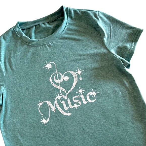 Treble Clef Heart Music Tee Size M Heathered Teal Graphic Shirt Singer Style - Picture 2 of 10